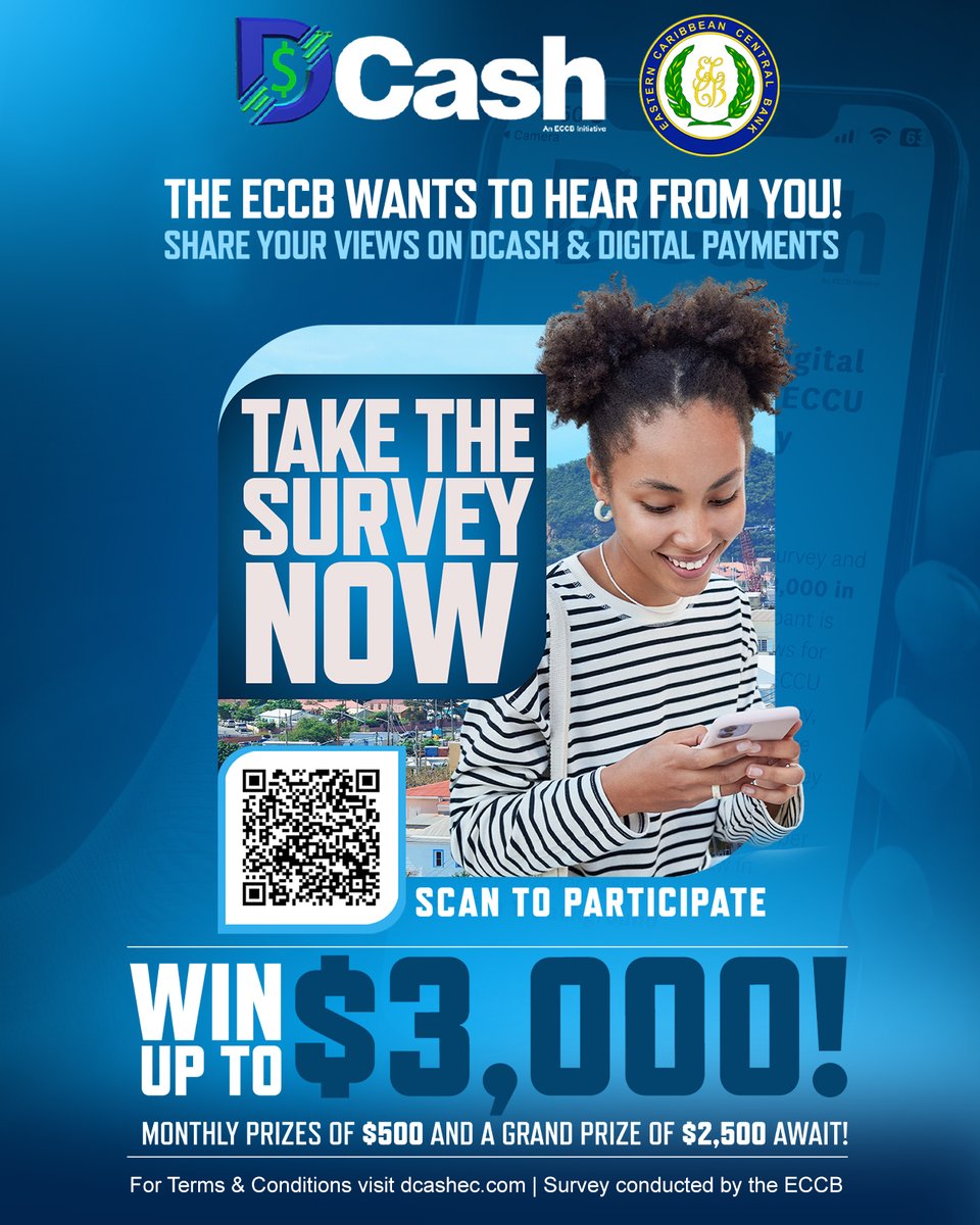 DCash_EC's tweet image. ✨ Share Your Feedback This December!
Take the DCash Survey for a chance to win $500 monthly prizes &amp;amp; a $2,500 grand prize. Help improve digital payments in the ECCU!
👉 surveymonkey.com/r/DCASH2
T&amp;amp;Cs: dcashec.com/dcash-public-s…
#DCashSurvey #DigitalPayments #ECCU