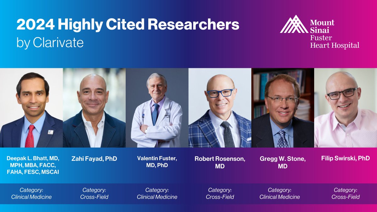 Mount Sinai Fuster Heart Hospital (@mountsinaiheart) on Twitter photo Congratulations to our experts for being honored in <a href="/Clarivate/">Clarivate</a>’s 2024 Highly Cited Researchers list, which recognizes their significant influence in their respective research fields: mshs.co/3ZyuZIy
<a href="/DLBHATTMD/">Dr. Deepak L. Bhatt</a> <a href="/GreggWStone/">Gregg W. Stone MD</a> <a href="/zahifayad/">zahifayad</a> <a href="/DrRSRosenson/">Dr. Robert S Rosenson</a> <a href="/SwirskiLab/">Fil Swirski & Scientists</a> Congratulations to our experts for being honored in <a href="/Clarivate/">Clarivate</a>’s 2024 Highly Cited Researchers list, which recognizes their significant influence in their respective research fields: mshs.co/3ZyuZIy
<a href="/DLBHATTMD/">Dr. Deepak L. Bhatt</a> <a href="/GreggWStone/">Gregg W. Stone MD</a> <a href="/zahifayad/">zahifayad</a> <a href="/DrRSRosenson/">Dr. Robert S Rosenson</a> <a href="/SwirskiLab/">Fil Swirski & Scientists</a>