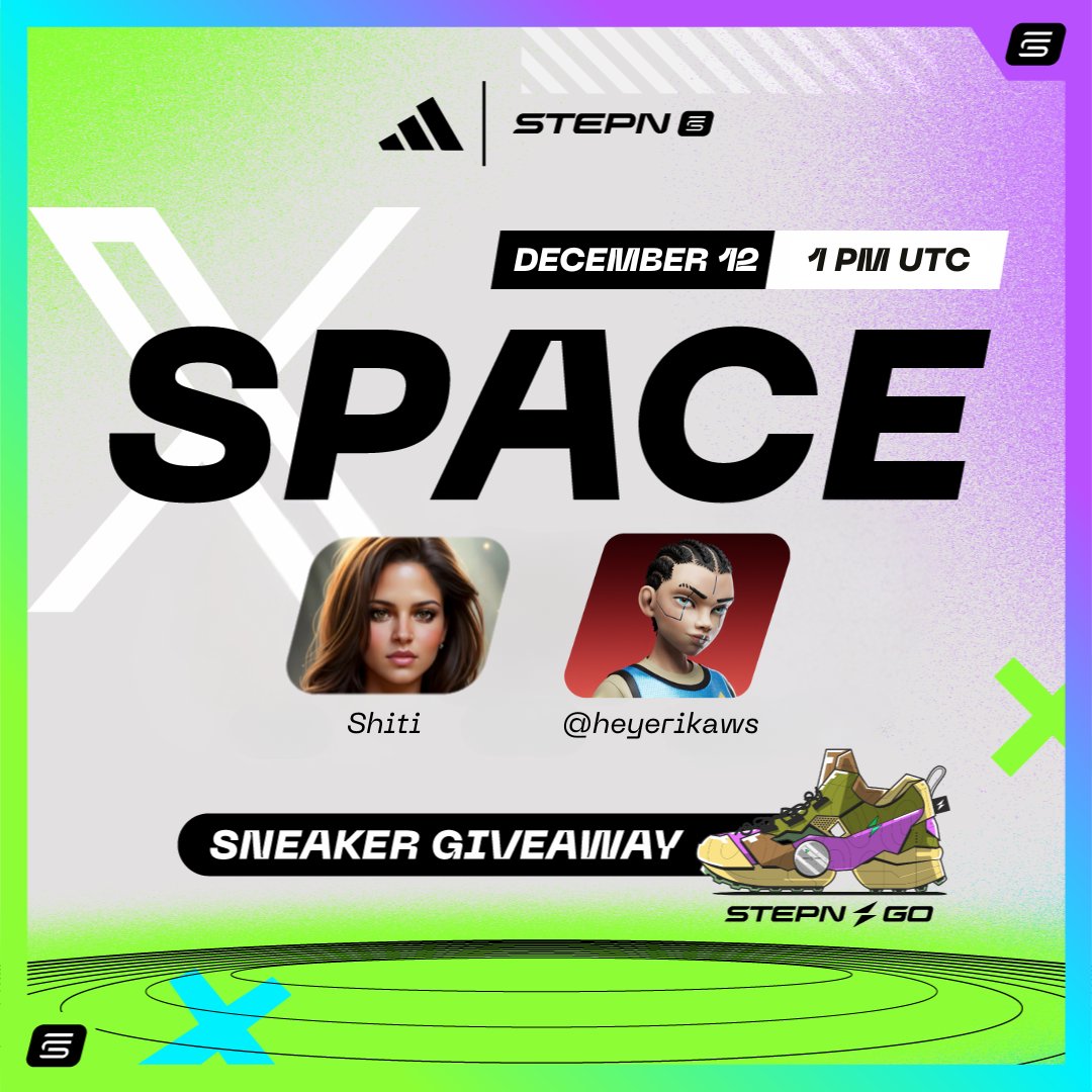 Stepnofficial's tweet photo. STEPN GO x @adidas Space 🎙️

Join us on December 12, 1 PM UTC for a very special X Space!

@heyerikaws from @altsbyadidas and @shitirastogi from FLS will discuss our groundbreaking @adidas x #STEPNGO physical shoes drop, and share exclusive insights about this epic partnership!

👉 https://t.co/D01eca8Pke

For the occasion, we are giving away one STEPN GO Sneaker:
🔹 Like & RT this post
🔹 Ask your question below
🔹 Join us LIVE

#STEPNGOxadidas