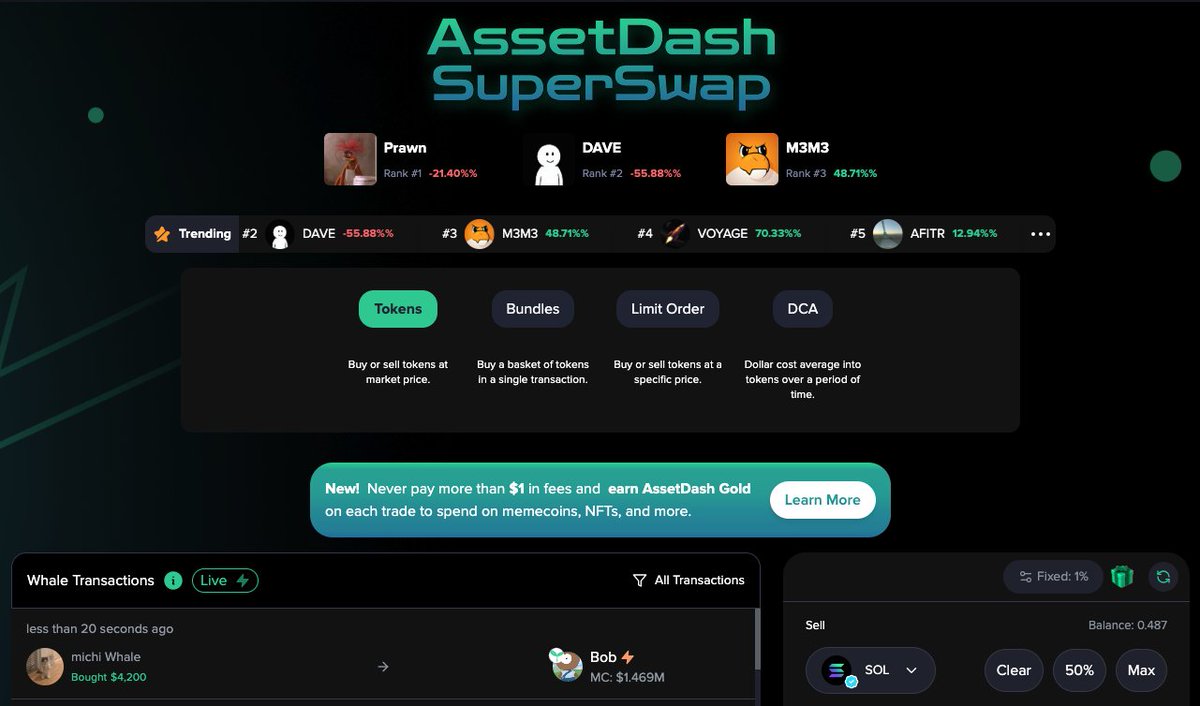 assetdash's tweet photo. Kings Of The Hill 👑

These are the most purchased coins on SuperSwap over the last 24 hours:

🥇 $PRAWN @PepeKing_Prawn
🥈 $DAVE @Dave__cto
🥉 $M3M3 @WEAREM3M3_
🏅 $VOYAGE @VoyagerAixyz
🎖️ $AFITR @afitrcto

Buy your favorite token on AssetDash to boost their exposure!

Track what whales are buying and selling on our mobile or or at https://t.co/reTkFlzXVO

Weekly Swap Jackpot: $1000 of $M3M3

Reminder - every time you trade on AssetDash - you earn Gold. You can use the Gold to open Memecoin Loot Boxes or convert your Gold directly for $SOL, $JUP, $BONK, or $WIF