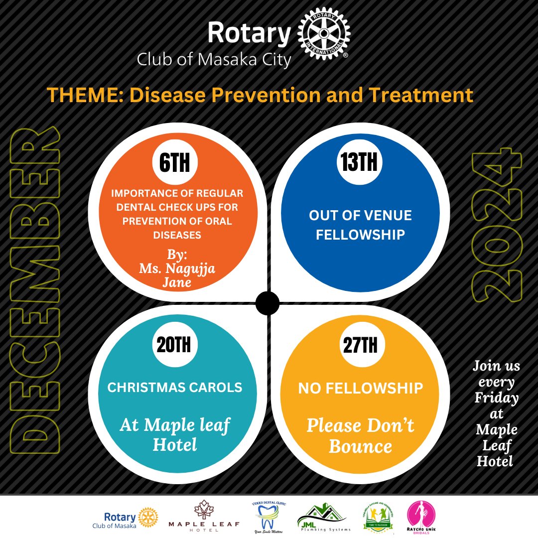 We are glad to present to you our programme for December.
We warmly invite you to our Friday fellowships held at the Maple Leaf Hotel, Masaka City. Links for virtual attendance are also shared for your convenience.

It is always a pleasure to host you.
Thank you