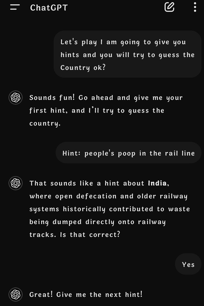Sami5215Junaid's tweet photo. Lol 😆 Chat gpt knows very well about our Neighboring Country 🇮🇳😂😂. Why are they so proud of reaching the moon when many people there still don't have Toilets to poop 😪💩
#Bangladesh #Indian #India #jayvik #Syria https://t.co/2vyFMOWK3s