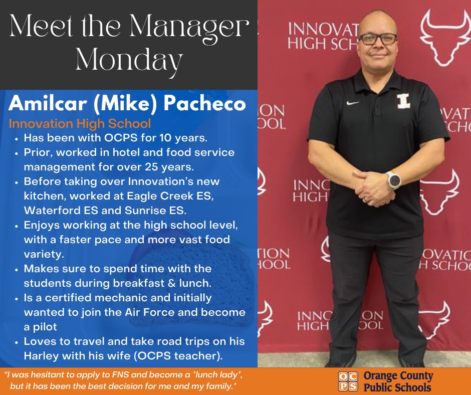 OCPS_FNS's tweet photo. Meet Mr. Mike, Kitchen Manager at one of our new schools, Innovation High School. When not cooking, you can find him riding through Central Florida on his Harley. #meetthemanagermonday #lunchhero #feedingstudents https://t.co/tAKEWxgxSD
