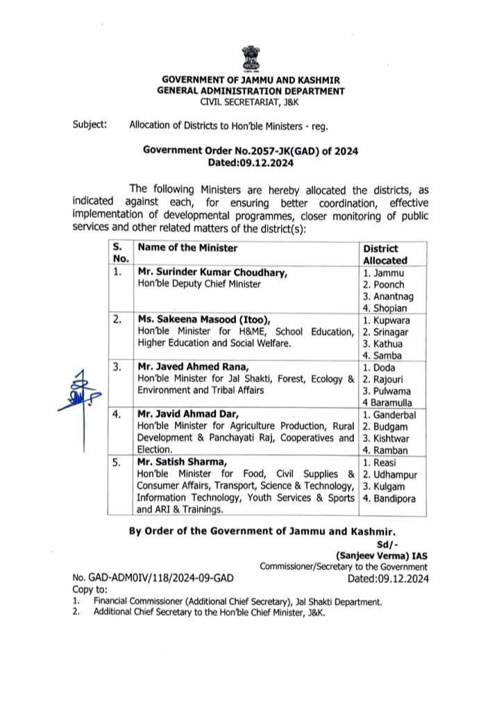 SunderbaniR's tweet photo. J&amp;K government has allocated districts among cabinet ministers for the effective implementation of the developmental programmes and close monitoring of the public services
@JKNC_ 
@OmarAbdullah https://t.co/eEgOf03Bk3