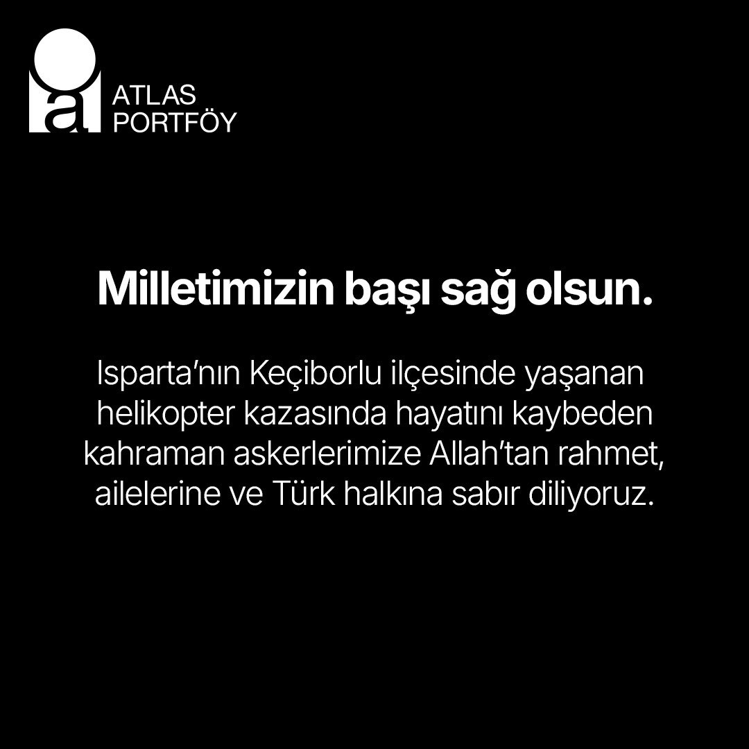 AtlasPortfoy's tweet photo. Milletimizin başı sağ olsun.

Isparta’nın Keçiborlu ilçesinde yaşanan helikopter kazasında hayatını kaybeden kahraman askerlerimize Allah’tan rahmet, ailelerine ve Türk halkına sabır diliyoruz. https://t.co/k6F9F4zdwS