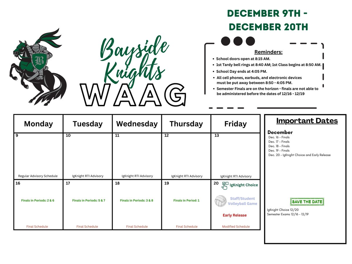 Excited for the week with all of our Knights! This is the last full week of normal schedule before Finals begin on the 16th! See you all this morning!