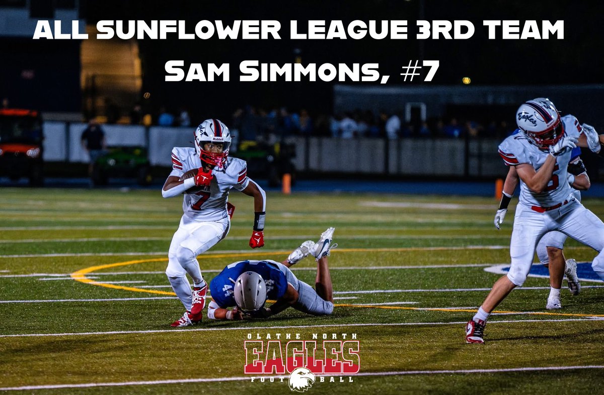 ONeaglesFB's tweet photo. Congrats to Sam Simmons Jr. on being selected All Sunflower League 3rd Team wide receiver! 

Sam was our most consistent receiver and led the team in receiving yards. A threat to take it the distance every time he touched the ball, Simmons was a true play maker in 2024! https://t.co/d7DEpmbwVB