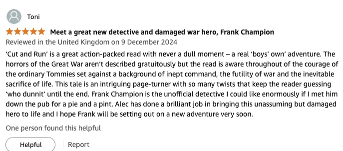 AlecMarsh's tweet photo. 'A great action-packed read … an intriguing page turner’

Thanks to Toni Mount (author of the Seb Foxley murder mysteries @Madeglobal) for her wonderful #Amazon review of CUT AND RUN

Amazon UK: https://t.co/0eEBxOSRuP

@AspectsHistory @SharpeBooks @CriFiLover @tonihistorian https://t.co/EfdZmTSRRa