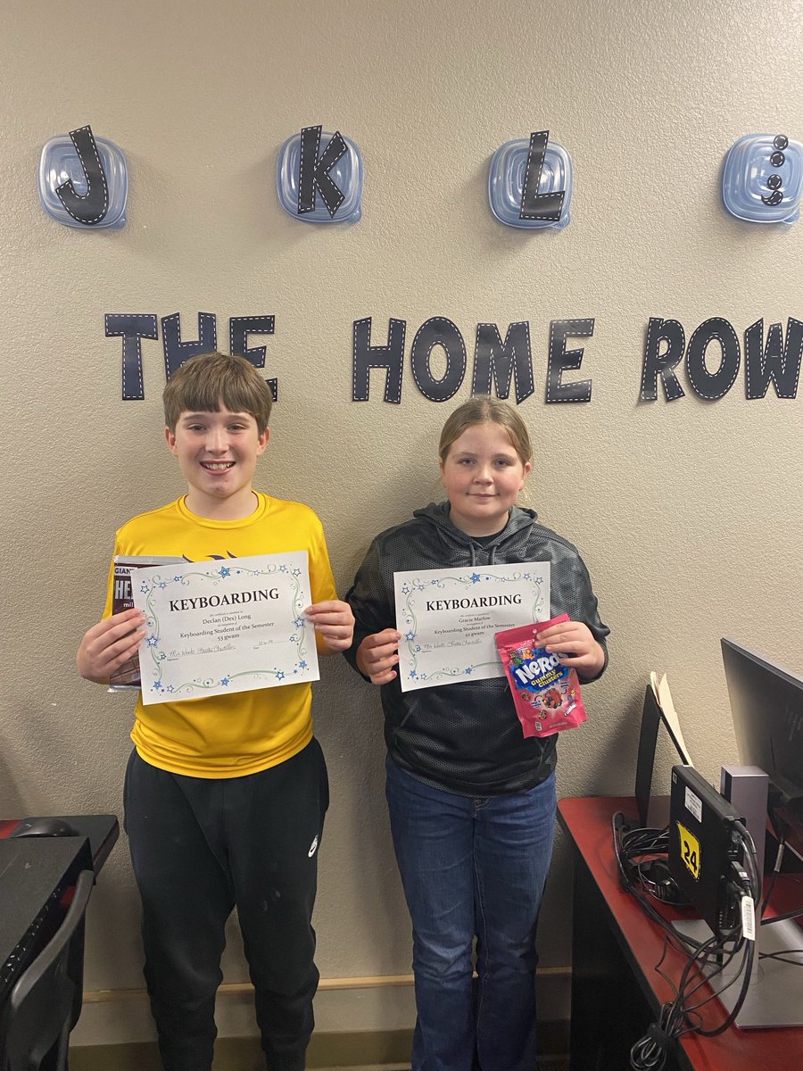 Congratulations to Declan (Dex) Long and Gracie Marlow for receiving Keyboarding Students of the Semester in Mrs. Wentz’s class!