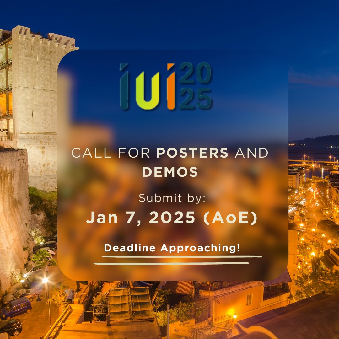 ACMIUI's tweet photo. ๐จ Reminder: The deadline for IUI 2025 Poster & Demo submissions is just around the corner! ๐๏ธ Submit your work by January 7, 2025!
๐ Showcase your work, donโt miss out! ๐
Details: https://t.co/u6RXqoaE3j
#IUI2025 #PosterSession #DemoSession #InteractiveSystems https://t.co/NGl9ArHNYX