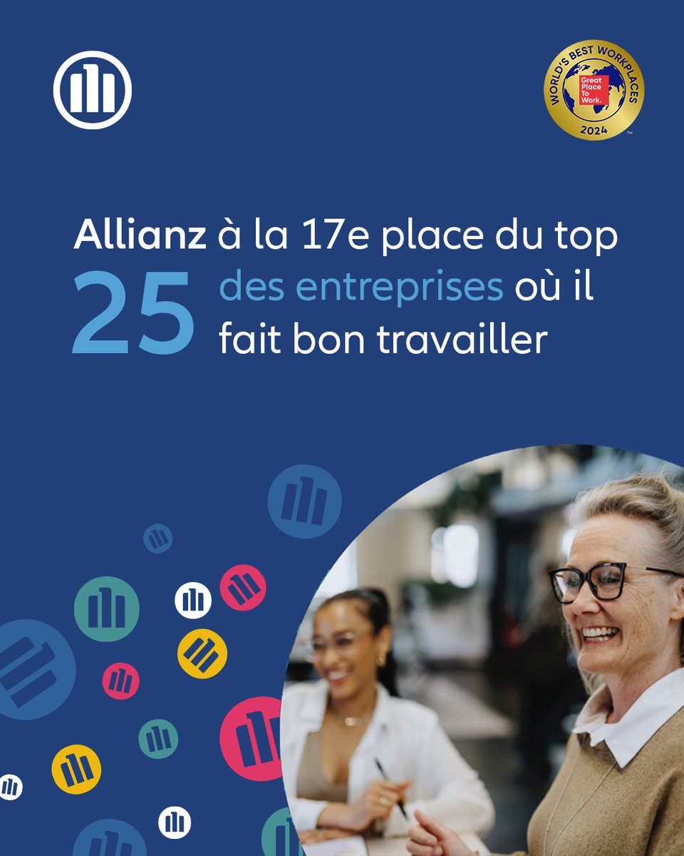 🎉 Allianz classé 17e du top 25 « World's Best Workplaces™ 2024 » selon le classement annuel de Great Place To Work®. 🎉 

Ces résultats témoignent d'une stratégie axée sur l'humain, qui met l'accent sur le bien-être, l’engagement, la confiance et la collaboration. 💙