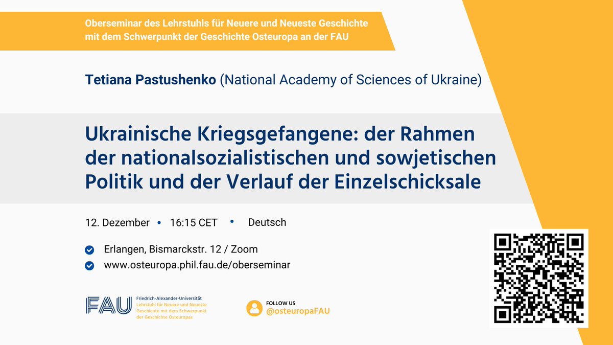 osteuropaFAU's tweet image. Tetiana Pastuschenko: Ukrainische Kriegsgefangene: der Rahmen der nationalsozialistischen und sowjetischen Politik und der Verlauf der Einzelschicksale
12. Dezember 2024, 16:15
Bismarckstraße 12, Erlangen + Zoom
fau.zoom-x.de/meeting/regist…