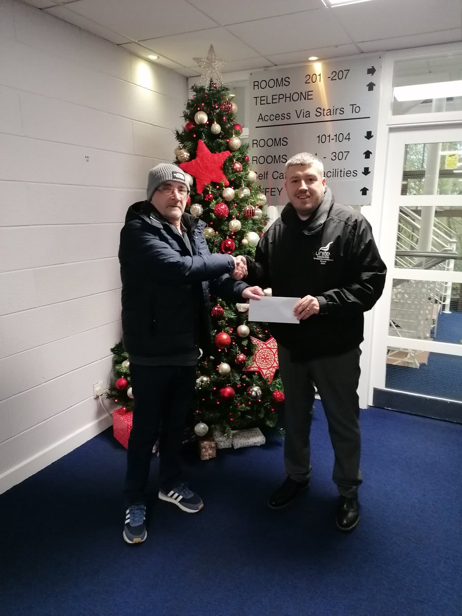 Many thanks to Sean fryers from unite the union bombardier aerospace branch for the kind donation towards our Christmas dinner for the elderly it is very much appreciated 🎄