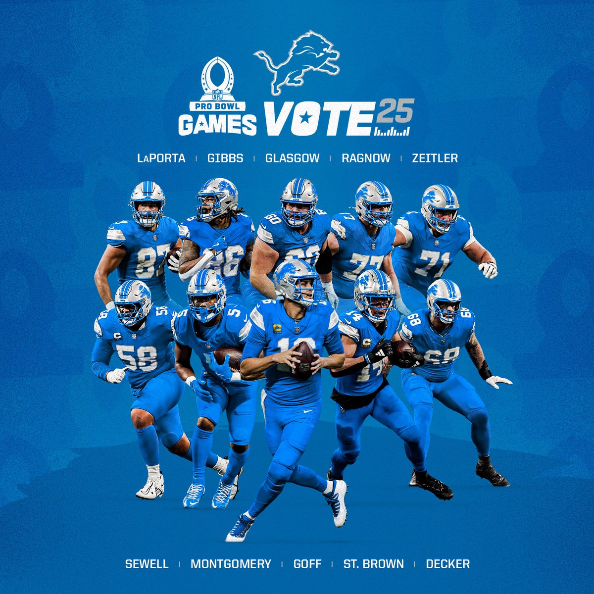 Detroit Lions (@lions) on Twitter photo #ProBowlVote is now live on X!
Every RT = 1⣠vote for the offense:
<a href="/Samlaporta/">Sam LaPorta</a>
<a href="/Jahmyr_Gibbs1/">Jahmyr Gibbs</a>
<a href="/gglasgow61/">Graham Glasgow</a>
<a href="/KNARFWONGAR/">Frank Ragnow</a>
<a href="/kzeit70/">Kevin Zeitler</a>
<a href="/peneisewell58/">Penei Sewell</a>
<a href="/MontgomerDavid/">David Montgomery</a>
<a href="/JaredGoff16/">Jared Goff</a>
<a href="/amonra_stbrown/">Amon-Ra</a>
<a href="/__taylordecker/">Taylor Decker</a> #ProBowlVote is now live on X!
Every RT = 1⣠vote for the offense:
<a href="/Samlaporta/">Sam LaPorta</a>
<a href="/Jahmyr_Gibbs1/">Jahmyr Gibbs</a>
<a href="/gglasgow61/">Graham Glasgow</a>
<a href="/KNARFWONGAR/">Frank Ragnow</a>
<a href="/kzeit70/">Kevin Zeitler</a>
<a href="/peneisewell58/">Penei Sewell</a>
<a href="/MontgomerDavid/">David Montgomery</a>
<a href="/JaredGoff16/">Jared Goff</a>
<a href="/amonra_stbrown/">Amon-Ra</a>
<a href="/__taylordecker/">Taylor Decker</a>