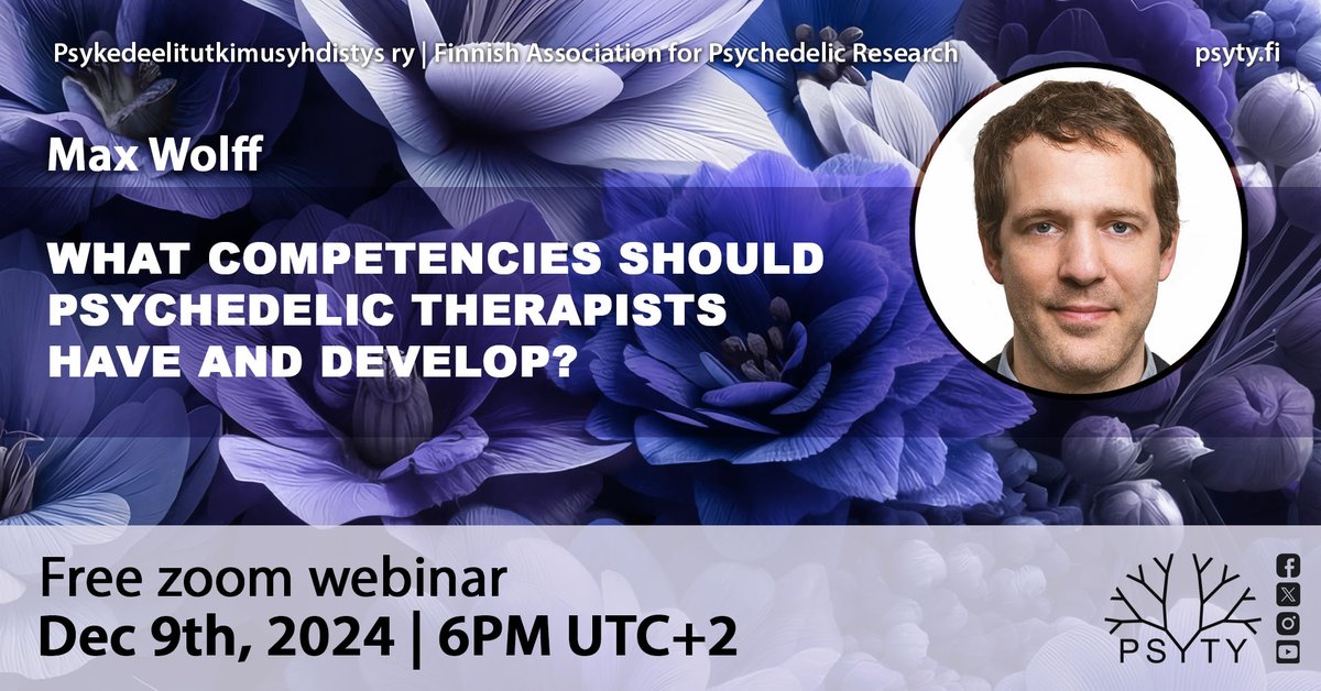 Today 6PM UTC+2: Psychologist and psychotherapist, leader of MIND Foundation’s Augmented Psychotherapy Training program Max Wolff <a href="/trpwolff/">Max Wolff</a> will present a free webinar about the qualities and competencies that psychedelic therapists should have and develop. Links in comment!