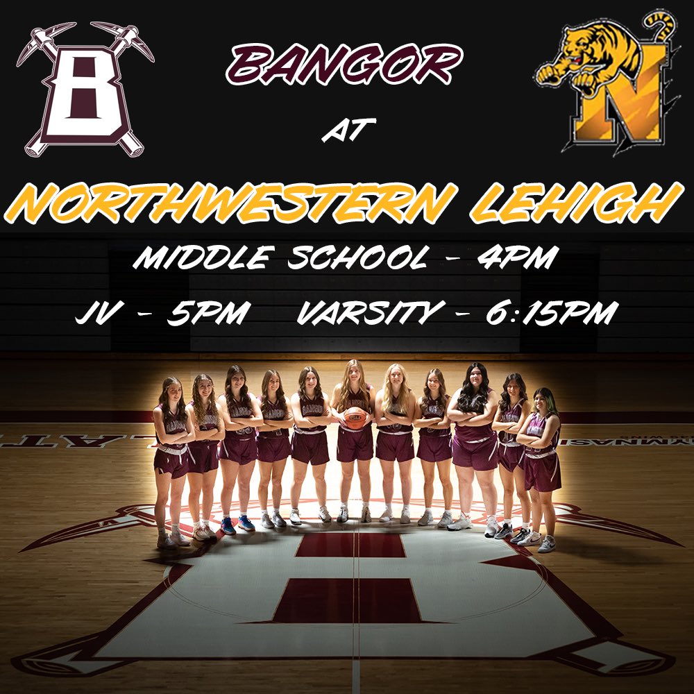 SlaterBball's tweet photo. @GirlsBangorbb travels to Northwestern Lehigh for tonight’s Colonial League match-up!  Middle School tips off at 4pm, while JV begins at 5pm and Varsity follows at 6:15pm ⚒️🏀⚒️ https://t.co/EQNeNil676