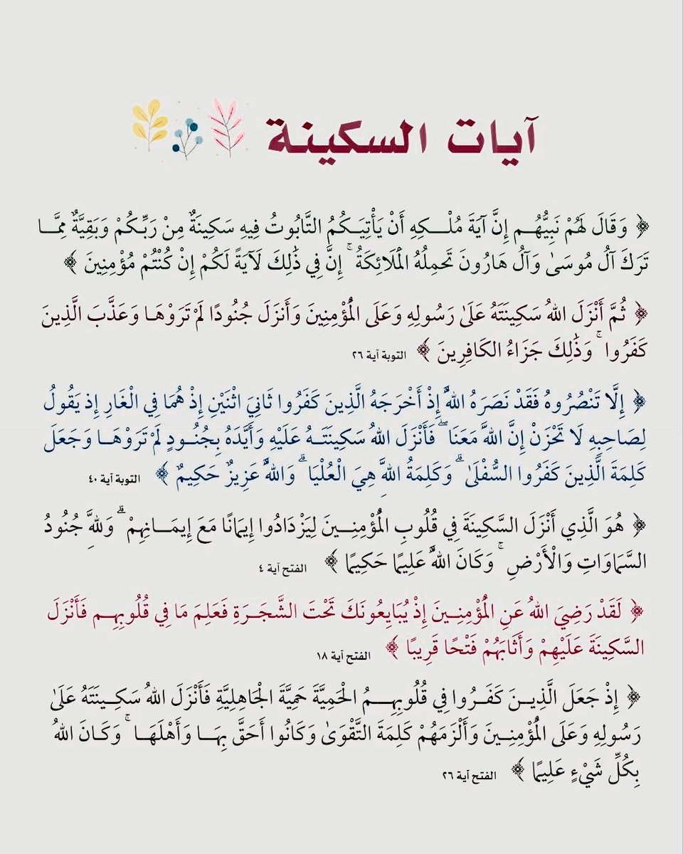 K_TheRebel's tweet photo. قال ابن القيم - رحمه ﷲ - :

"وكان شيخ الإسلام ابن تيمية إذا اشتدت عليه الأمور: قرأ آيات السكينة..!
وقد جربت أنا أيضًا قراءة هذه الآيات عند اضطراب القلب بما يرد عليه، فرأيت لها تأثيرًا عظيمًا في سكونه وطمأنينته!". [مدارج السالكين] .

آيات السكينة : https://t.co/WdATmDXwDk