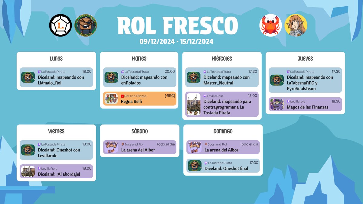 🐁¡ROL FRESCO!🐁
Semanita con capi grabado de <a href="/AlbertoSpidey/">Spidey - 🦀 Rol con Pinzas 🦀</a> <a href="/Ealerys/">Ealerys 👑</a> y descanso de la bella <a href="/MasterDelMonton/">Anna - ☀️Una máster del montón 🐉</a> 

<a href="/Levillator/">Levillator se ha ido a Bluesky</a> y yo estaremos en #Diceland con mapas y partidas junto otros canales.

Ademas probareis el juego de mesa LA ARENA DEL ALBOR en Salón del Cómic de Valencia!