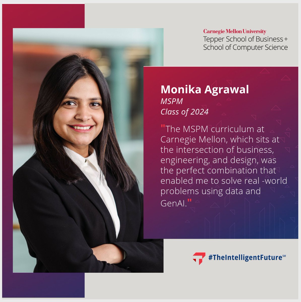 We are incredibly proud of our Master of Science in Product Management students who made the most of their 2024 summer internships. Today, we highlight Monika Agrawal's experience at Informatica.

#CMUTepper #AcademicOpportunities #TheIntelligentFuture #Internships