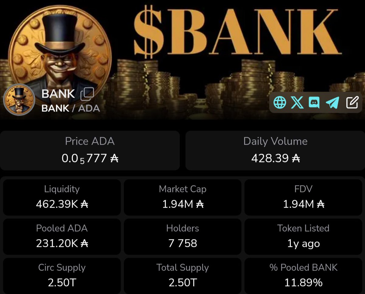 Why pick $BANK?
💎 Steady holder count
🔥 Deflationary token, with 18% burnt
🪙 Low market cap, huge upside potential
⛏️ Monthly mining rewards for holding
🏦 Proven founders, that have built a Powerhouse during the bear

DYOR and check out @BankercoinAda