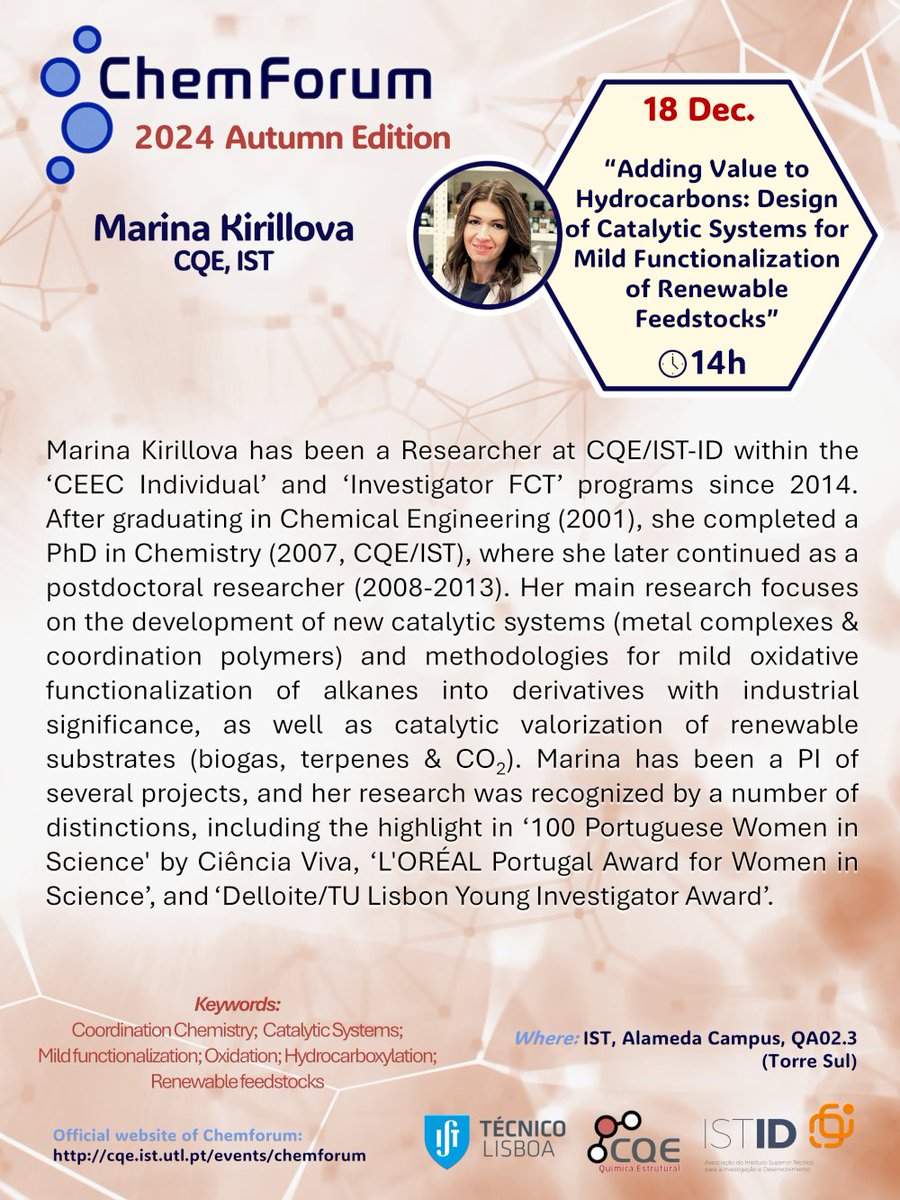cqe_lisboa's tweet photo. 📣 On December 18 we'll have a Chemforum talk by Marina Kirillova from CQE.

#Chemforum #CQELisboa https://t.co/D9TblFoljf