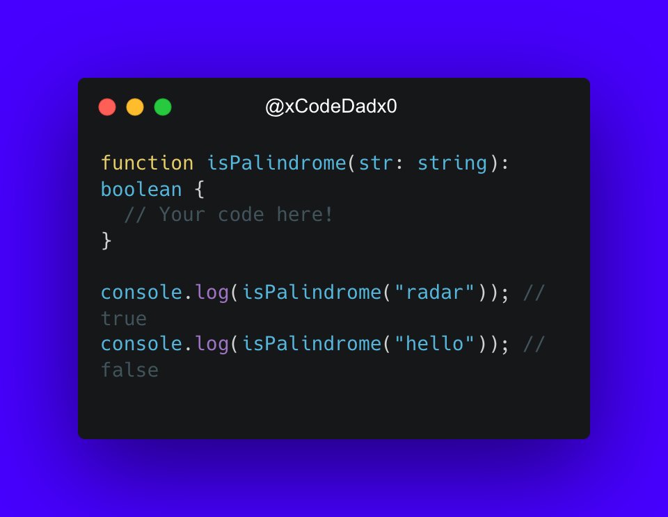 xCodeDadx0's tweet photo. Solution Saturday
๐ป Coding Challenge: Write a function in TypeScript to check if a string is a palindrome. A palindrome reads the same backward and forward. ๐ง
Can you solve it? Drop your solutions below! ๐
#SolutionSaturday #CodingChallenge #TypeScript
Example: