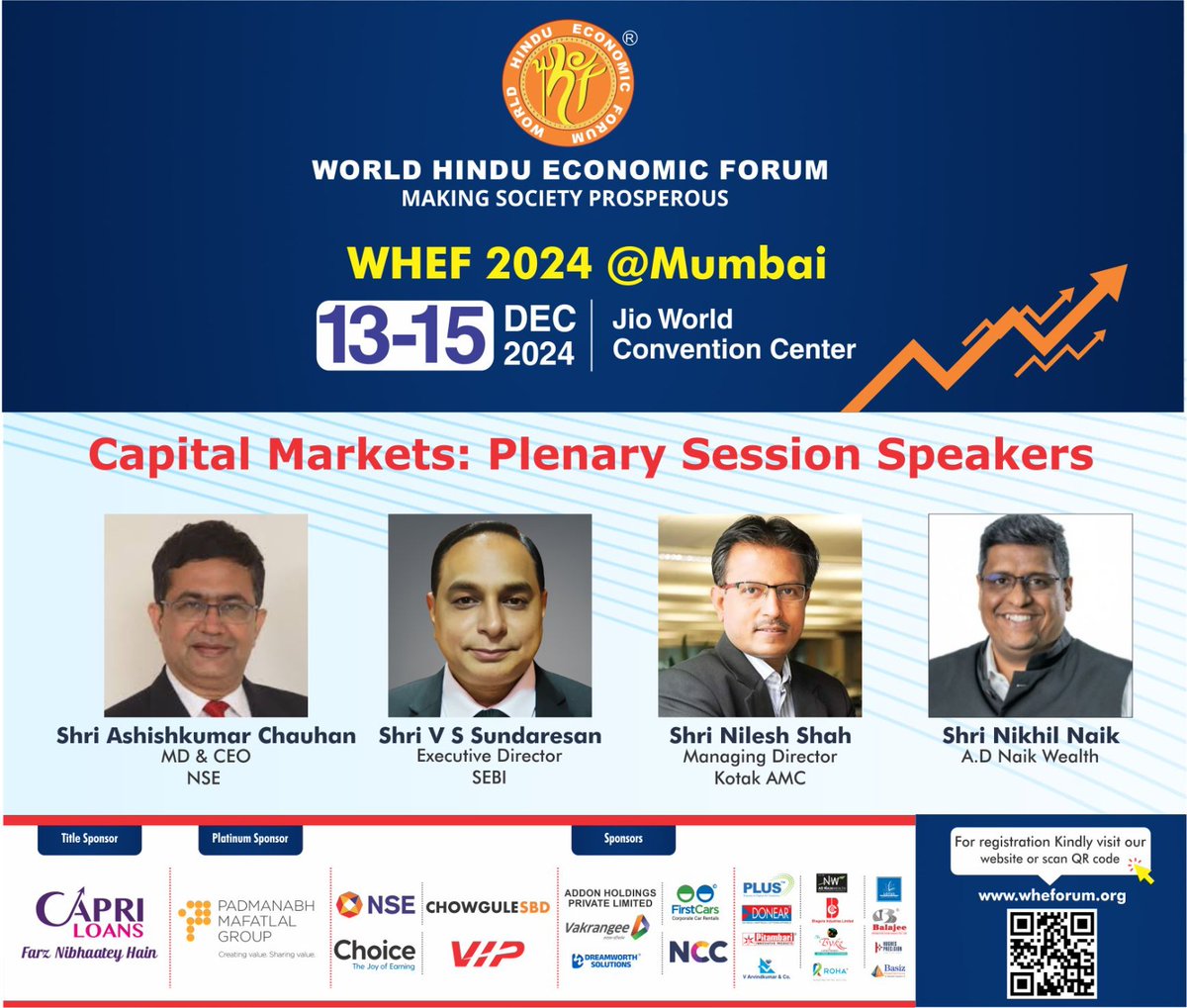 Plenary Session on "Resilient Capital Markets through Effective Policies, Investments, and Regulations" will focus on Bharat's growing investment appetite, vital role of stock exchanges and regulatory frameworks.

#WHEF2024