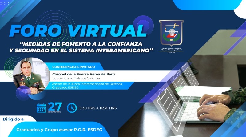 jid_iadb's tweet photo. El pasado 27 de noviembre el Coronel Fuerza Aérea del Perú Luis Antonio Tolmos Valdivia, realizó una presentación a la Escuela Superior de Guerra “Rafael Reyes Prieto” de Colombia sobre las Medidas de Fomento a la Confianza y Seguridad (MFCS) en el sistema interamericano. https://t.co/guucphy3OK