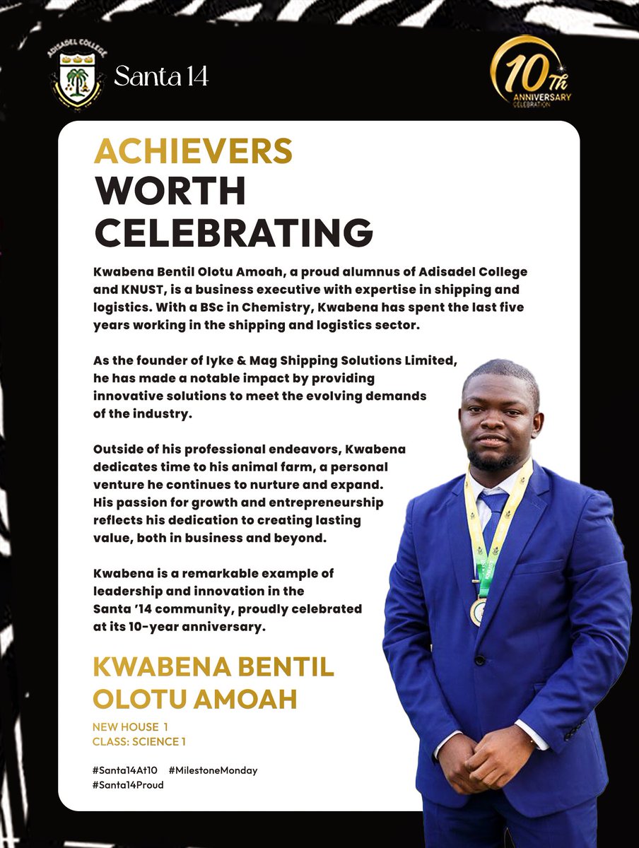 Adisadel14's tweet photo. Spotlighting Greatness! 

ING. Ebo Derban Jnr and Kwabena Bentil Olotu Amoah 

Proud moments for us all as we celebrate their achievements.

@EboDerban 
@sultanbinarfa1 

#Santa14At10 
#MilestoneMonday 
#Santa14Proud https://t.co/NGpwLTgZDh