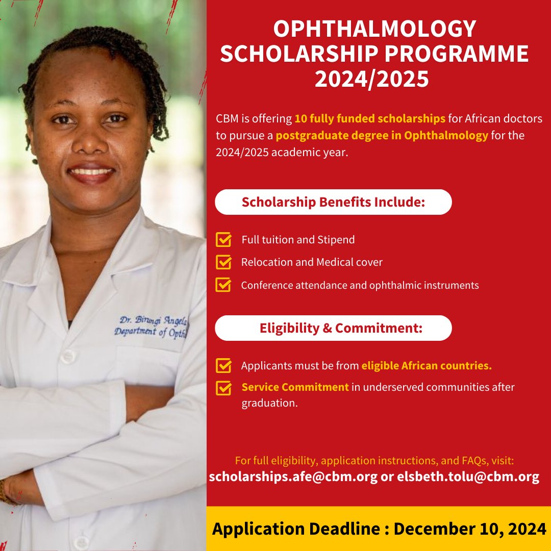 CBM Inclusive Health Initiative (@cbmihi) on Twitter photo ⏳Only 1 day left to apply for <a href="/cbmWorldwide/">CBM Christian Blind Mission</a>'s fully funded scholarships for African doctors🌍 to earn a postgraduate degree in Ophthalmology.
Shape the future of eye health while advancing your career today.
Find out how to apply here 🔽
cbm.org/news/news-arti… ⏳Only 1 day left to apply for <a href="/cbmWorldwide/">CBM Christian Blind Mission</a>'s fully funded scholarships for African doctors🌍 to earn a postgraduate degree in Ophthalmology.
Shape the future of eye health while advancing your career today.
Find out how to apply here 🔽
cbm.org/news/news-arti…
