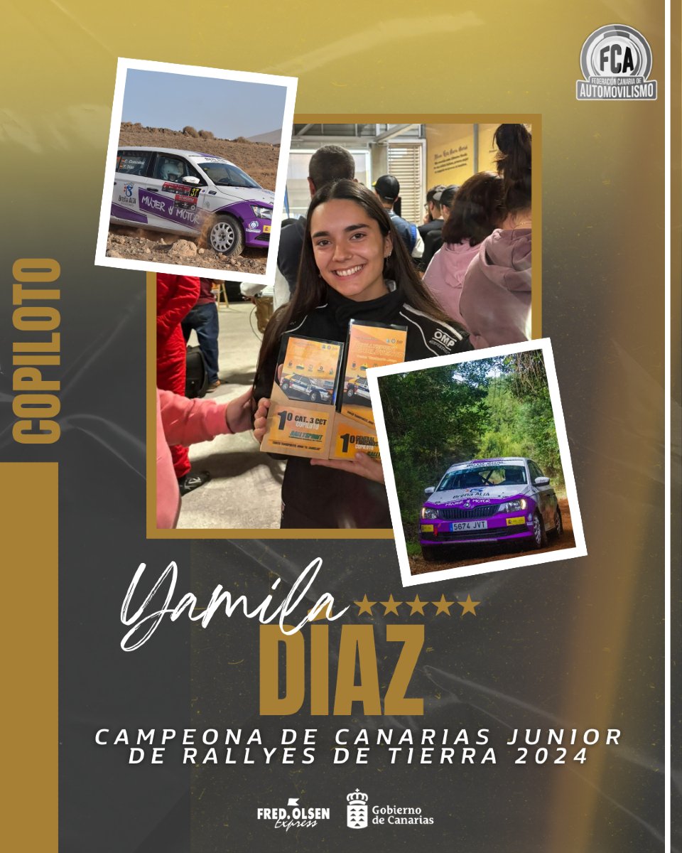 🏆 Yamila Díaz, copiloto Campeona de Canarias de Rallyes de Tierra Trofeo Junior 2024 🏁

¡Enhorabuena! 👏

@deportecanario_gobcan
@fredolsenexpress

#CampeonesFCA #Temporada2024 #Rallyes #Automovilismo #DeporteCanario