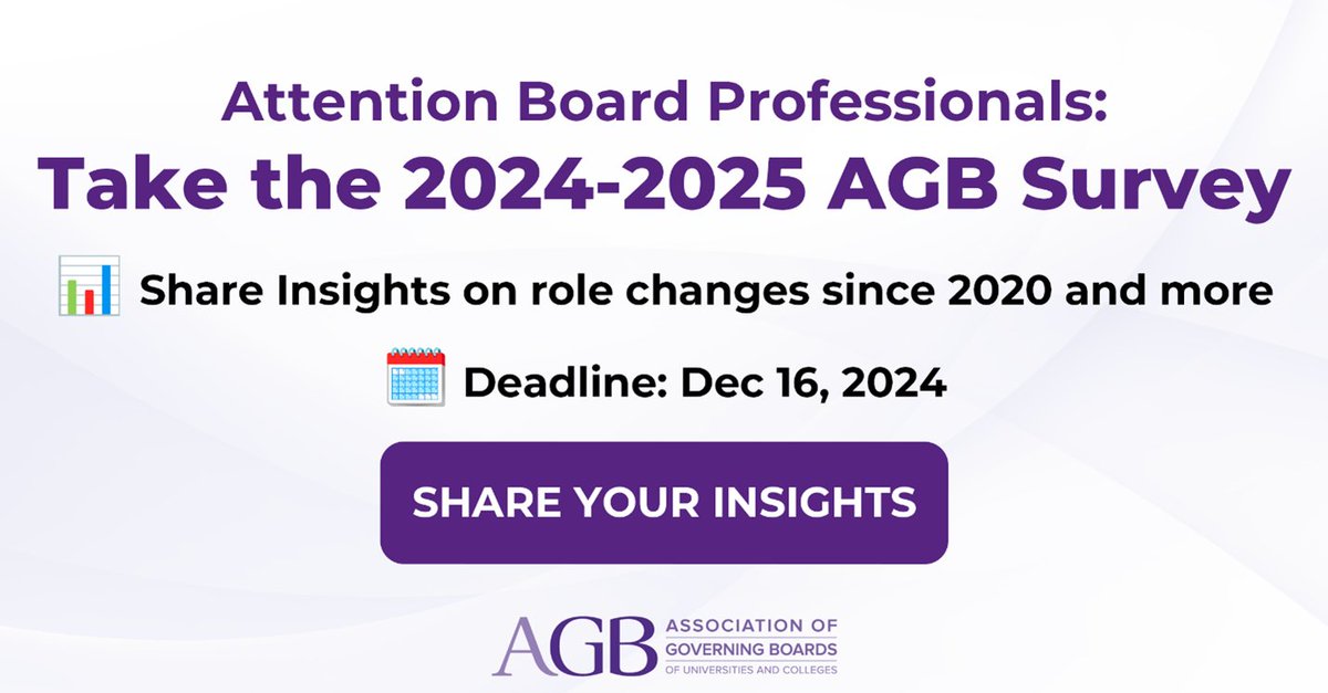 Board professionals: Don’t miss the 2024-2025 AGB Survey! Your insights on staffing, salary trends, and evolving responsibilities are essential to shaping the future of board governance. Complete the survey by December 16. Let’s strengthen our profession! bit.ly/3VpDKlK