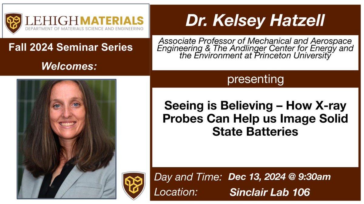This week, the MSE Dept. will host Dr. Kelsey Hatzell from Princeton University for a seminar titled "Seeing is Believing – How X-ray Probes Can Help Us Image Solid State Batteries" on Friday, 12/13 at 9:30am in Sinclair Lab 106. This event is open to the public!