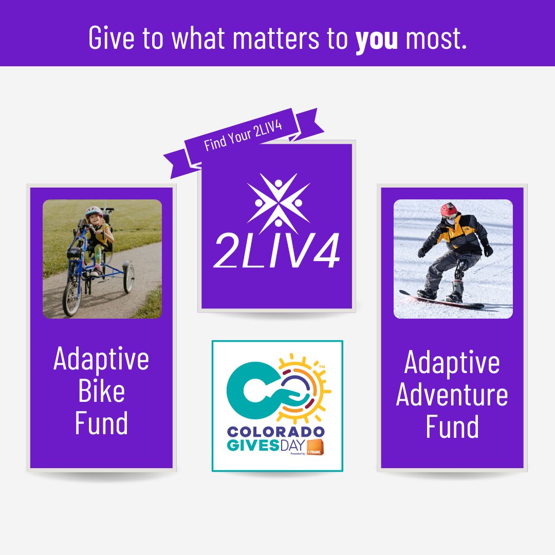 FindYour2LIV4's tweet photo. Colorado Gives Day is here!

You can help us make #2LIV4Moments come true.

And! If you become a new monthly donor Colorado Gives will match your first gift up to $100!

Support us here: https://t.co/jG5PUldtgt

#ColoradoGivesDay #MakeGoodHappen #BestDaytoGive #FindYour2LIV4 #PWD https://t.co/JctyXRUBwh