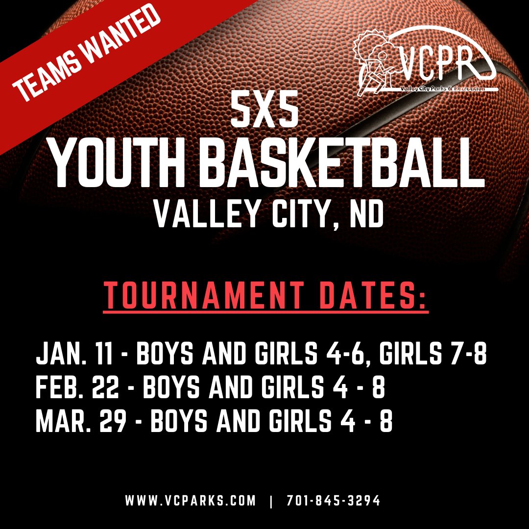 VCParkRec's tweet photo. 2025 5x5 Youth Basketball Tournaments in Valley City! See more information and learn how to register at https://t.co/14yPkAiqu6 🏀 https://t.co/OJUVXhjGLZ