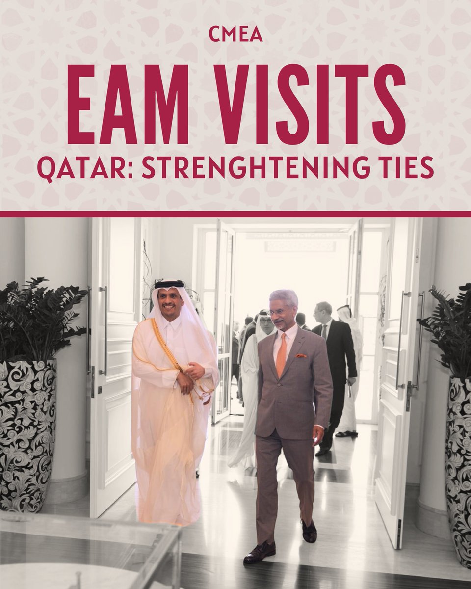 CoveringMea's tweet photo. EAM Dr. S. Jaishankar Visits Qatar
EAM @DrSJaishankar met the #PM & Foreign Minister of #Qatar, H.E. Sheikh Mohammed bin Abdulrahman Al Thani (@MBA_AlThani_), in #Doha on Dec 6 & 7 at his invitation to attend the 22nd edition of #Doha Forum themed “#TheInnovationImperative.” https://t.co/8Pthwy1LA0