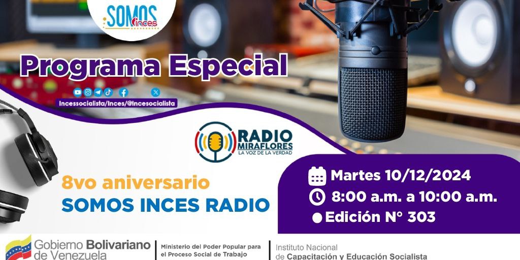MeridaInces1's tweet image. 🎙¡Atención, oyentes! 📻

Somos Inces Radio cumple 8 años y lo celebraremos a lo grande. 

Este martes 10 de diciembre, tendremos una edición especial llena de sorpresas.

🥳 ¡Sintonízanos por  Radio Miraflores a partir de las 8:00 a.m. y sé parte de la fiesta!