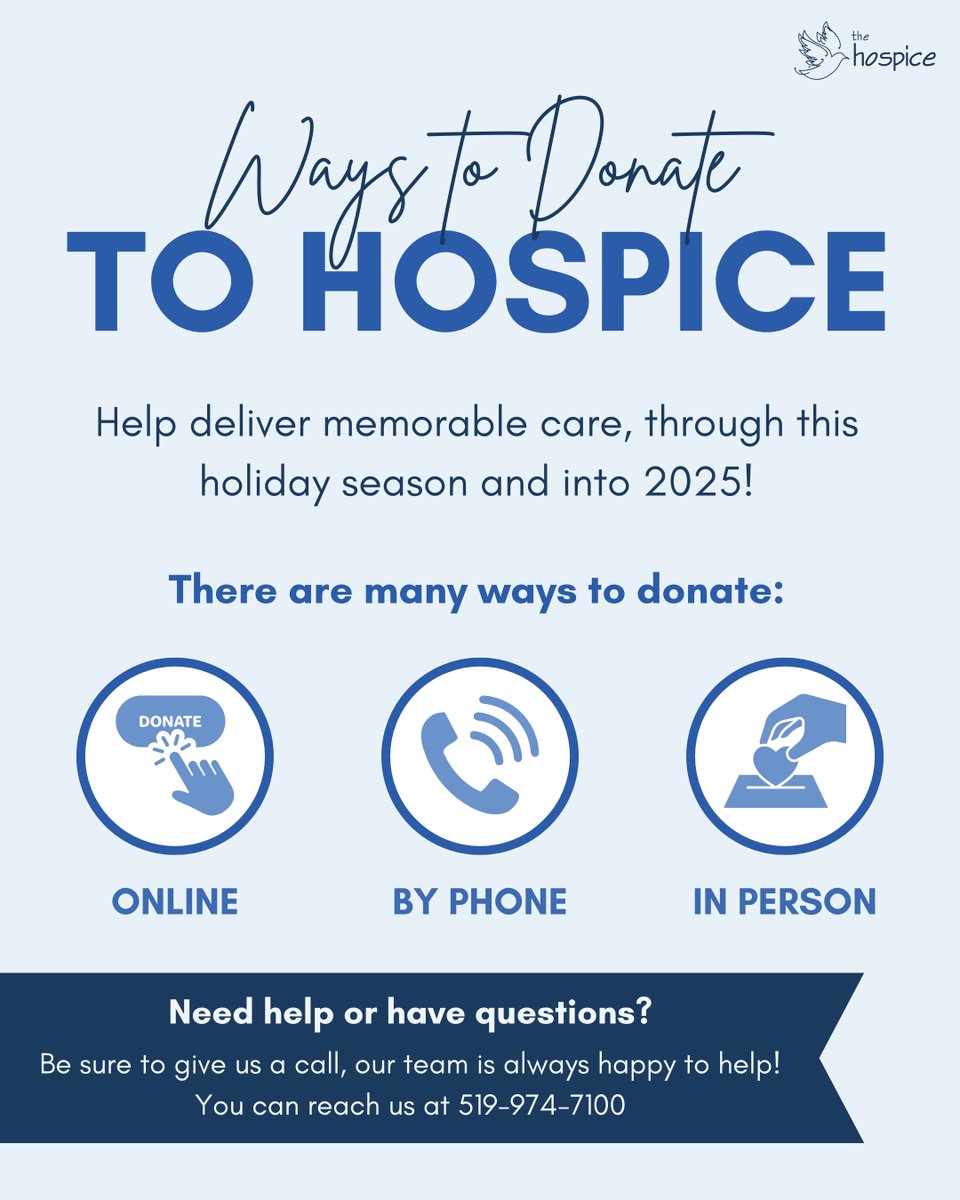 There are many ways to show your support for Hospice, through this holiday season and into 2025! 🕊️

Have questions? You can reach us at 519-974-7100

Your support helps ensure that local patients receive quality care, when they need it the most. Please consider giving today 💙
