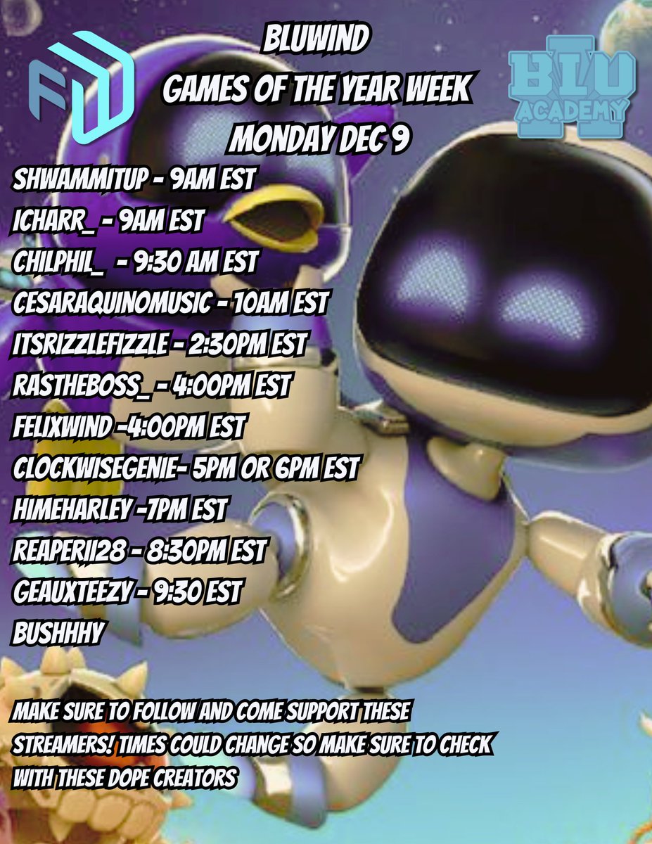 BluSatire's tweet photo. Day to of the BluWind Games of the week has already begun! Make sure yall show some love to @ShwammItUp @iCharr_ @chilphil_ @ThtMexGuitarGuy @ItsRizzleFizzle @Rastheboss_ @Felix_Wind @HimeHarley @ReaperII28 @GeauxTeezy and @bushhhyy ! Also what are you playing this week? https://t.co/P51Zj6z8Du