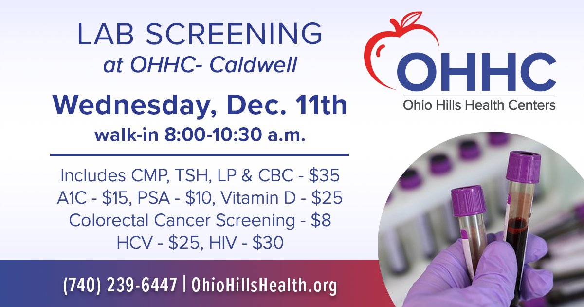 OHHC's final lab screening of the year is at OHHC-Caldwell on Dec 11th. Everyone welcome. You do not need to be a patient at OHHC. We hope to see you!