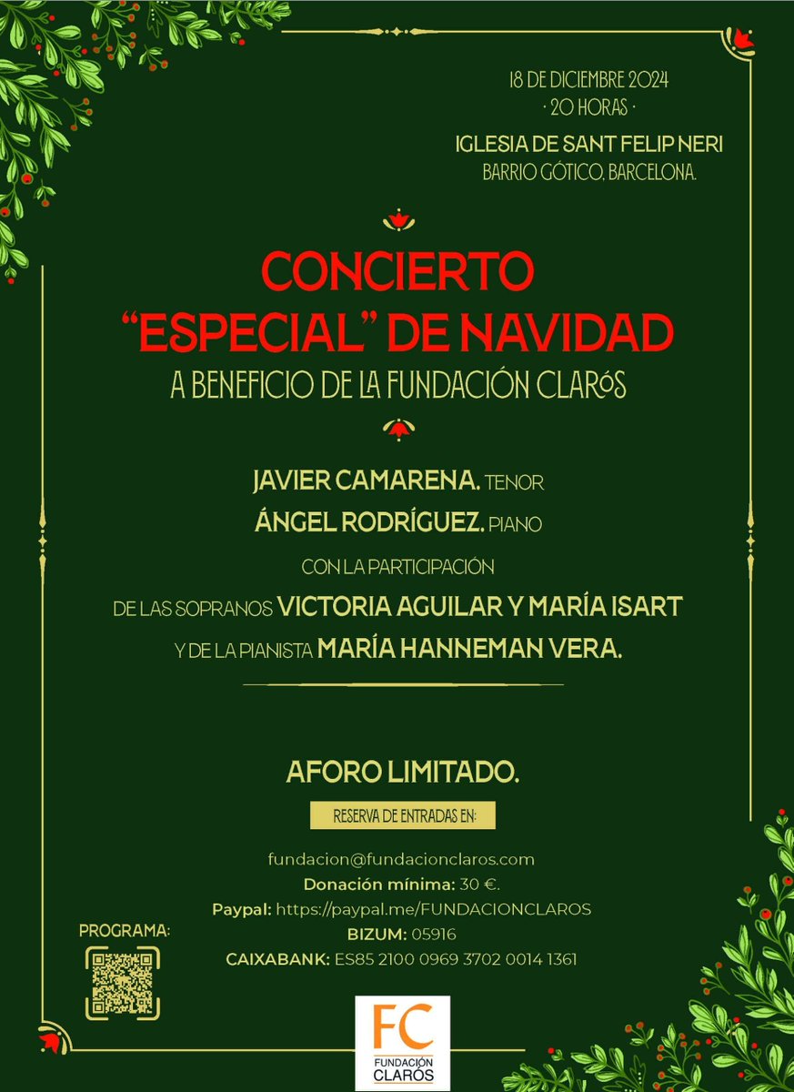 OratoriBCN's tweet photo. 2⃣El divendres 18 a les 20:00h, acollirem el Concert de Nadal a benefici de la @FundacionClaros, amb la participació de @tenorjcamarena, @AngelRzMexico,@MariaHanneman, @MariaIsart i Victoria Aguilar.

Reserva ja l'entrada a fundacion@fundacionclaros.com! https://t.co/c5FmIyIT3z
