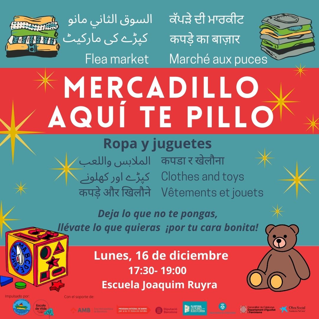 🎄♻️🎁¡Con la Navidad llega el "Mercadillo aquí te pillo", con ropa y juguetes! 
👍Traed aquello que no utilicéis, que esté en buen estado y llevaros prendas y juguetes para darles una nueva vida ♻️
🗓️Os esperamos el lunes 16 de diciembre a las 17:30, en la Escuela Joaquim Ruyra.