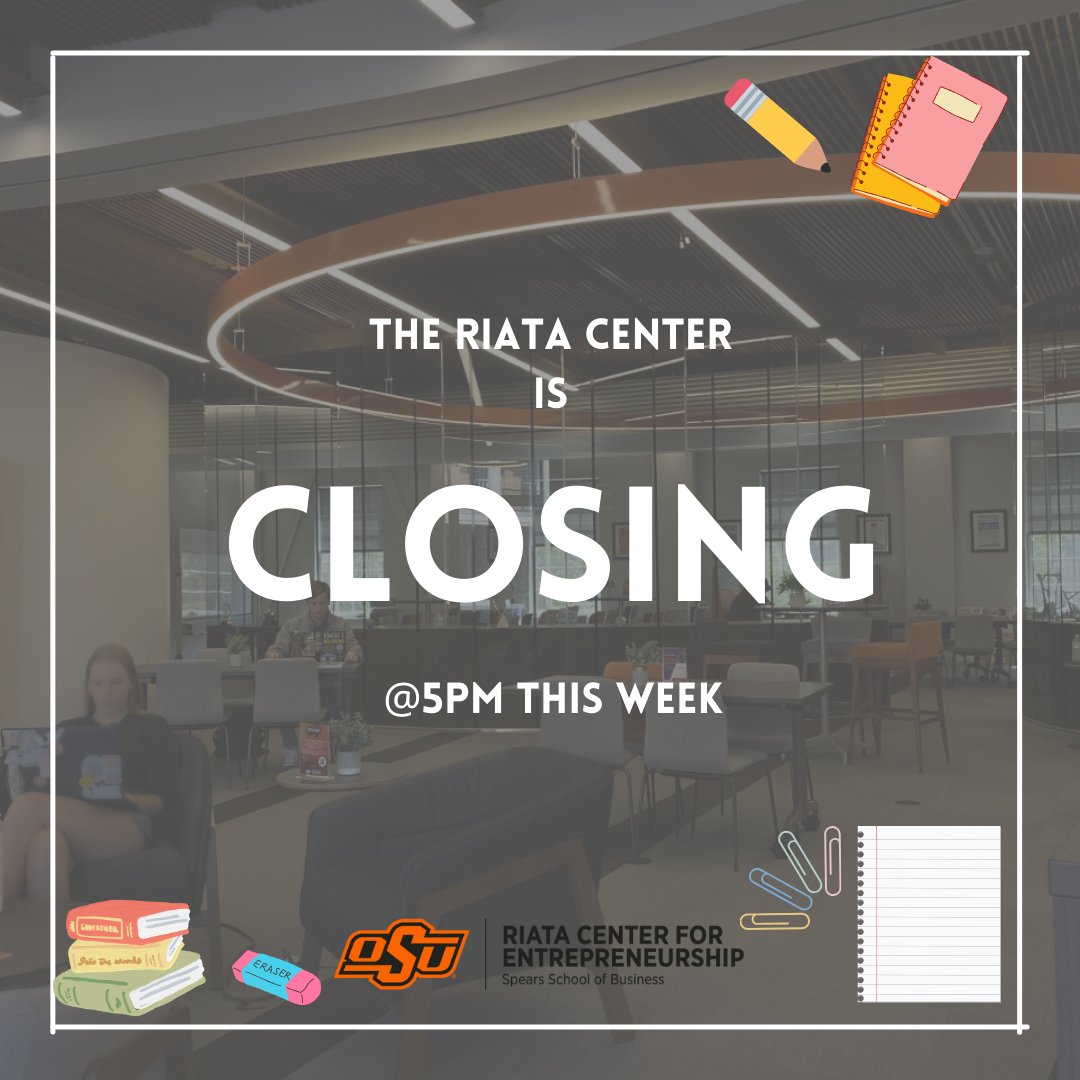 Good morning cowboys! The Riata Center is closing at 5PM this week so make sure to swing by while you can to study for finals and simply rest. We hope you have a great week and wish you all luck on your exams!

#GoPokes #RiataCenter #entrepreneur #FinalsWeek