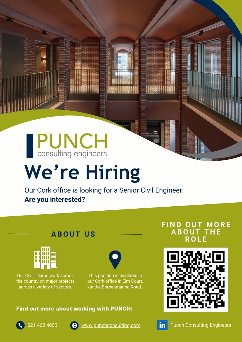 We're Hiring! Are you an experienced Senior Civil Engineer looking for an exciting new challenge? PUNCH Cork are looking for a senior team member to join our innovative and growing team. Find out more about the role and "Why PUNCH" using the QR code attached. 
 #hiring
