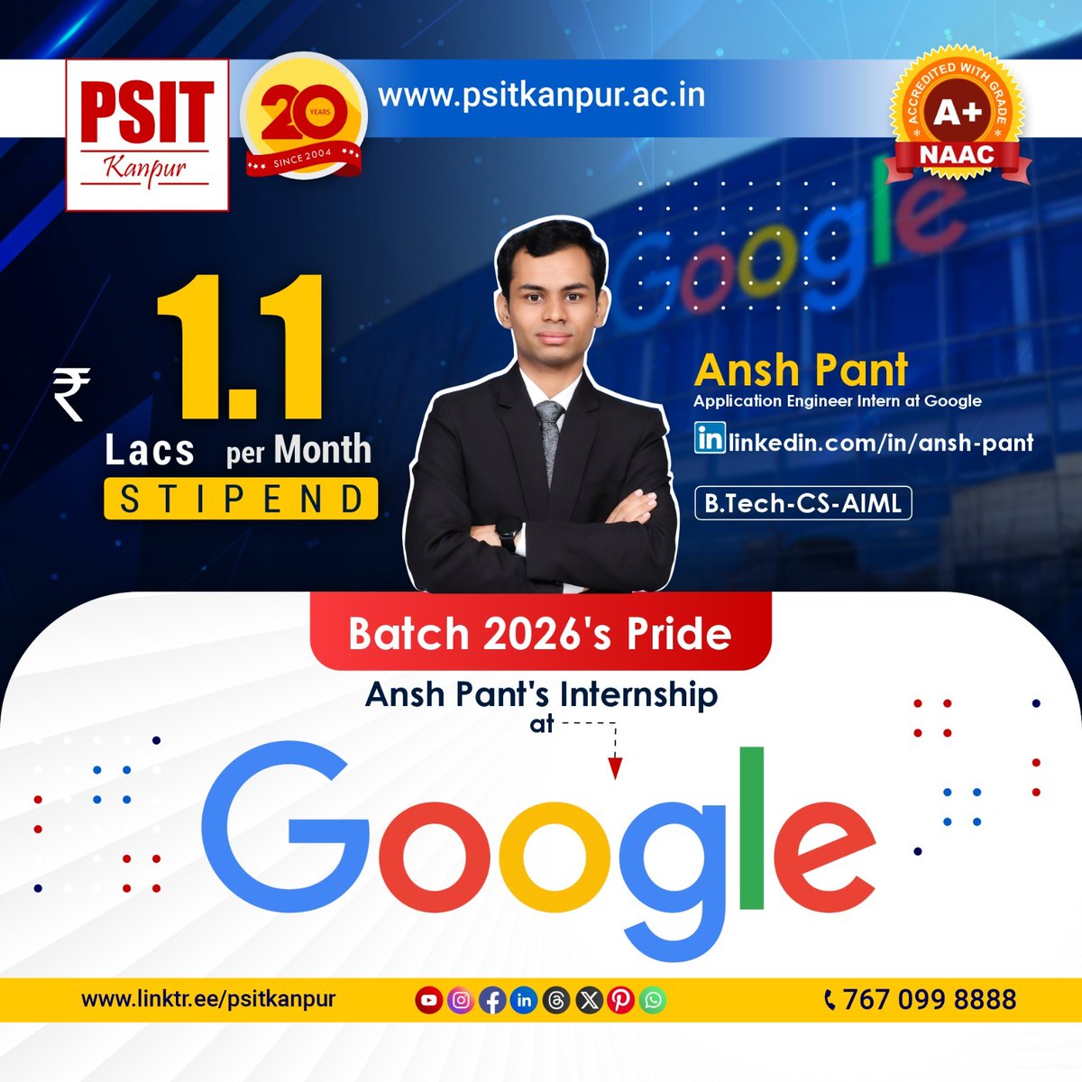 PSITKanpur2004's tweet image. His role as an Application Engineer Intern is a significant milestone, showcasing the dedication and drive of this batch as they continue to raise the bar for excellence.

visit us at psitkanpur.ac.in
Follow us at linktr.ee/psitkanpur

#BestInternships #incredible