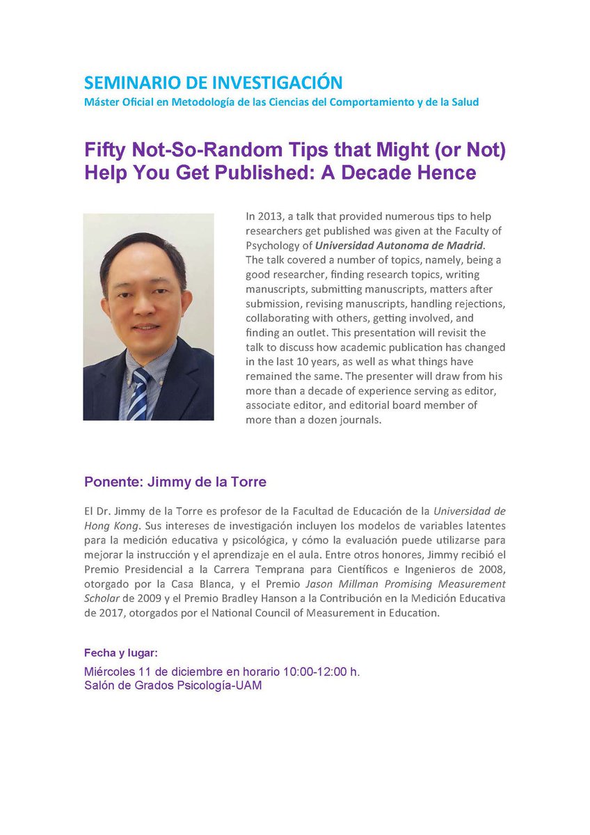 MigSorrel's tweet photo. Este miércoles en horario 10-12 en @uam_psicologia me uno a Jimmy de la Torre para comentar “Fifty Not-So-Random Tips that Might (or Not) Help You Get Published”. Revisitamos juntos su charla de 2013 a la que asistir cuando estudiaba el @master_mccs. Os animo a asistir 😊 https://t.co/VmNByZp1cn
