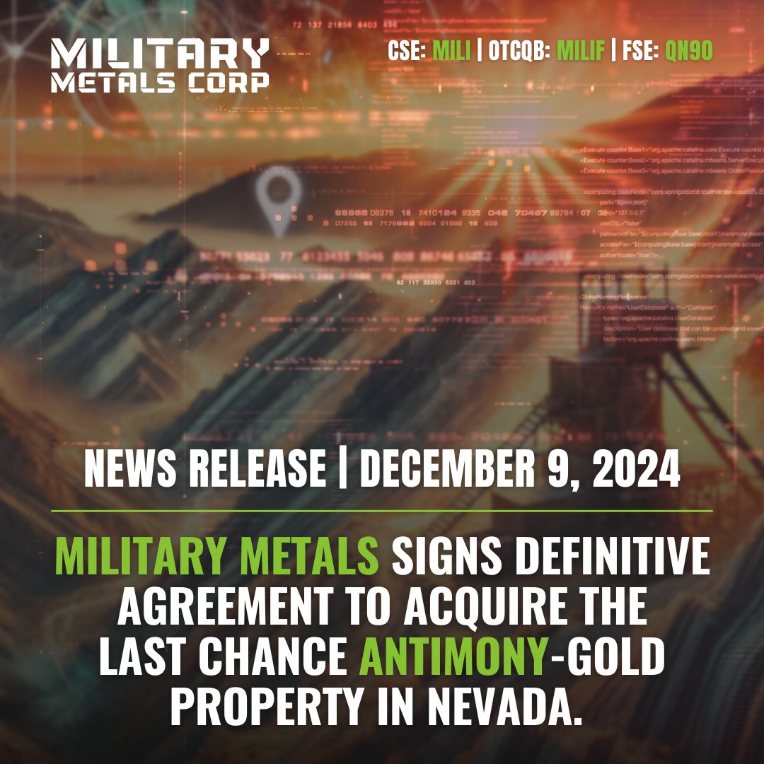 MilitaryMetals's tweet photo. Military Metals Signs Definitive Agreement to Acquire the Last Chance Antimony-Gold Property in Nevada. 🇺🇸

🗺️ View the location map: https://t.co/J7BAdnA9vB

( 🇨🇦 $MILI.CN | 🇺🇸 $MILIF | 🇩🇪 QN90)

#MilitaryMetals #Mining #Antimony #Defense #Military https://t.co/XjB3cRwUnG