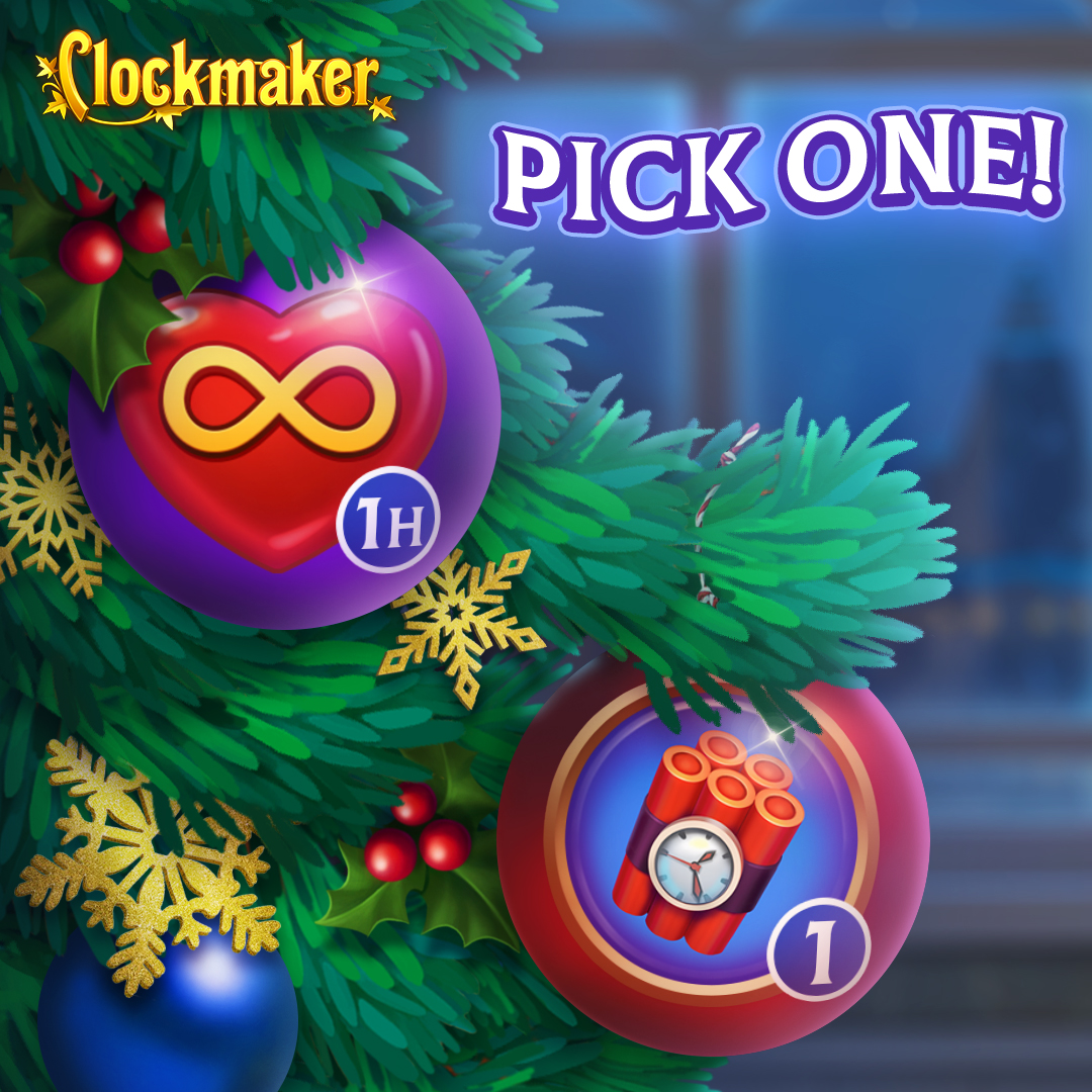 ClockmakerGame's tweet photo. 🎁✨ Spreading holiday cheer with Clockmaker! [https://t.co/kiui8PoVLo]

We've got two more bonuses to choose from this week! Which ornament will you pick? 👇

#christmas2024 #match3game #puzzlegame #mobilegames #mobilegame #clockmaker https://t.co/pra22o8Qg3