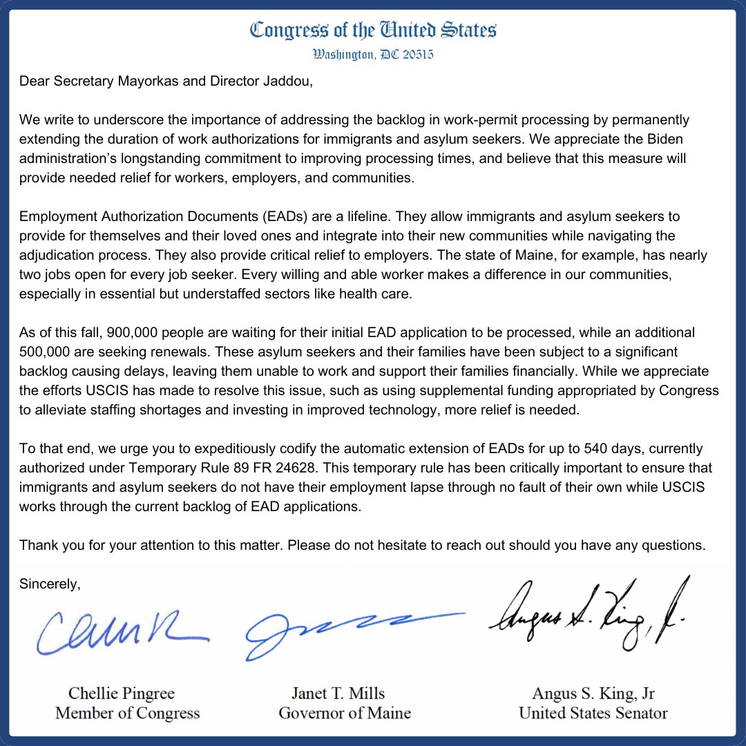Congresswoman Chellie Pingree 🇺🇸🇺🇦 (@chelliepingree) on Twitter photo Maine needs every willing worker! That’s why <a href="/SenAngusKing/">Senator Angus King</a>, <a href="/GovJanetMills/">Governor Janet Mills</a> and I are calling on <a href="/DHSgov/">Homeland Security</a> to codify the 540-day automatic extension for expiring work permits for immigrants + asylum seekers—which will ease backlogs while supporting workers, families *and* employers. Maine needs every willing worker! That’s why <a href="/SenAngusKing/">Senator Angus King</a>, <a href="/GovJanetMills/">Governor Janet Mills</a> and I are calling on <a href="/DHSgov/">Homeland Security</a> to codify the 540-day automatic extension for expiring work permits for immigrants + asylum seekers—which will ease backlogs while supporting workers, families *and* employers.