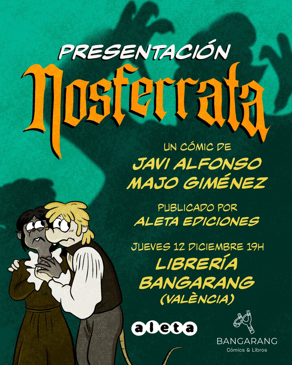 javialfonsomos's tweet photo. Por fin podemos presentaros #Nosferrata, la nueva comedia comiquera ilustrada por moi con color de  @majogimenezmos, publicado por @aletaediciones.

🐭🦇🩸

Jueves 12 de diciembre a las 19h
en @Bangaranglibros (C/ Historiador Diago 9, València https://t.co/IFqL5NLSRX